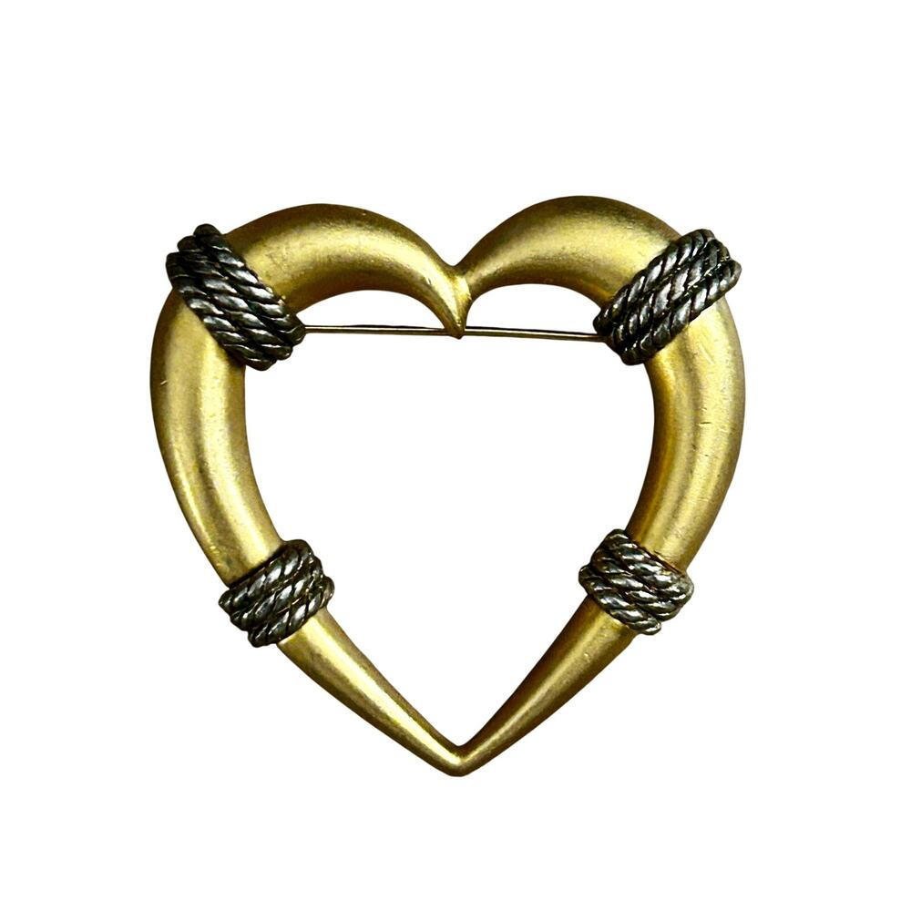 Mixed Metals Heart Brooch 2" Vintage 1980s Silver Rope